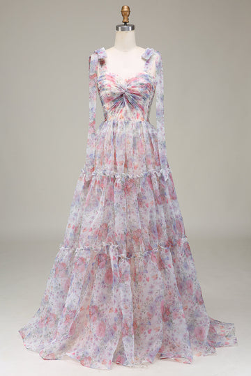 A-Line Tulle Flower Printed Formal Dress